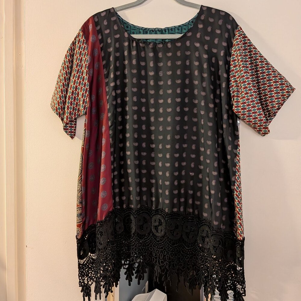 Grau upcycled patchwork tunic with lace detailing